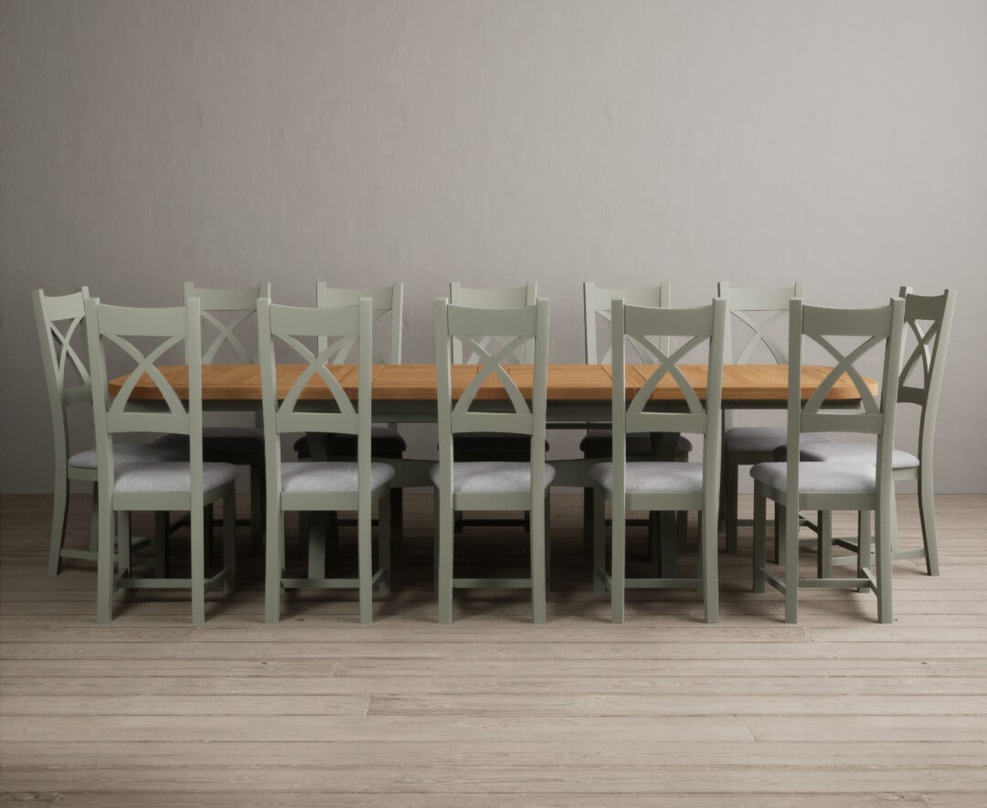 Extending Olympia 180cm Oak And Soft Green Painted Dining Table With 8 Light Grey Chairs