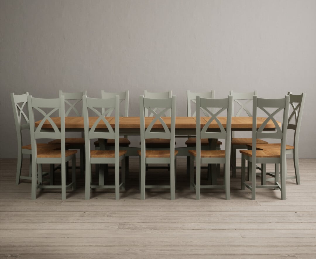 Extending Olympia 180cm Oak And Soft Green Painted Dining Table With 10 Charcoal Grey Painted Chairs
