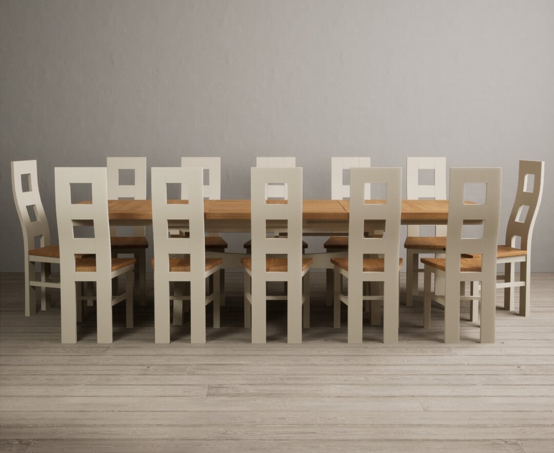 Extending Olympia 180cm Oak And Cream Painted Dining Table With 10 Charcoal Grey Painted Chairs