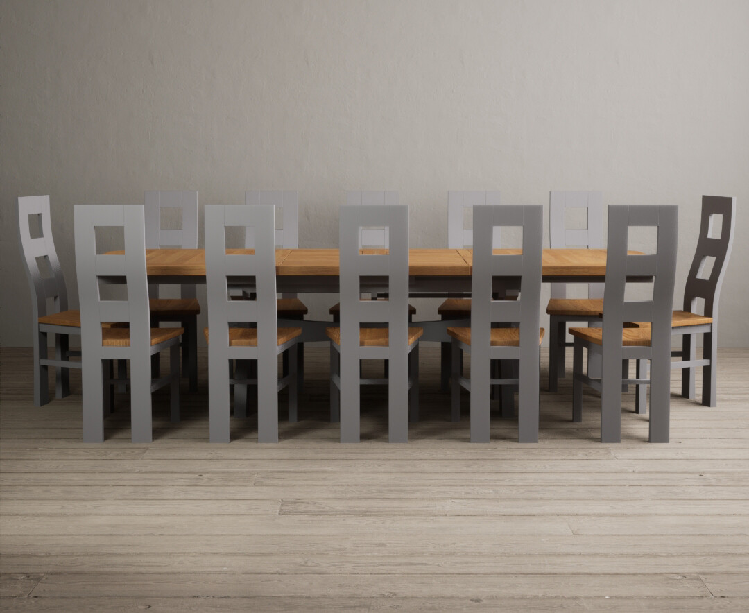 Extending Olympia 180cm Oak And Light Grey Painted Dining Table With 12 Light Grey Painted Chairs