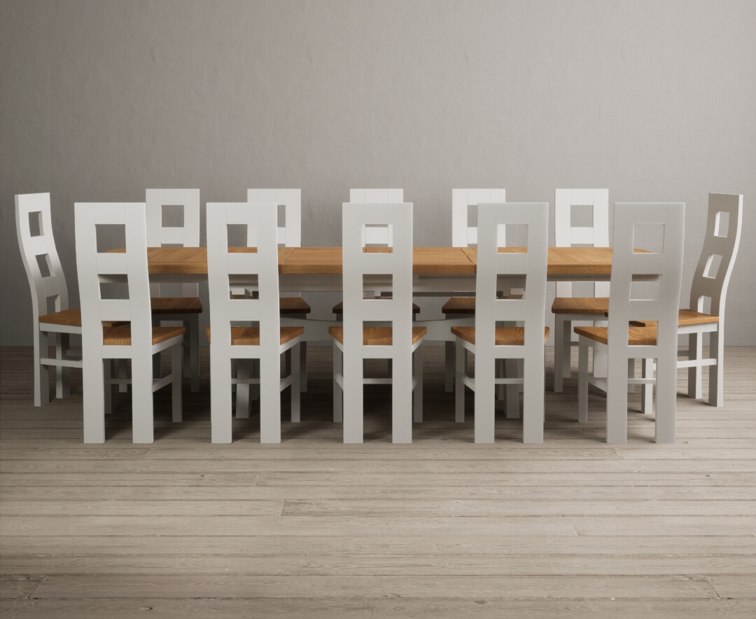 Extending Olympia 180cm Oak And Signal White Painted Dining Table With 8 Oak Painted Chairs