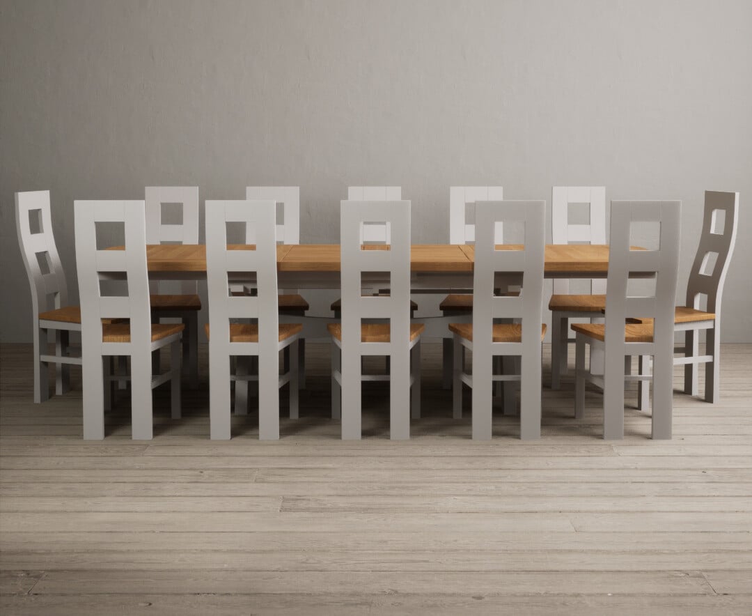 Extending Olympia 180cm Oak And Soft White Painted Dining Table With 10 Charcoal Grey Painted Chairs