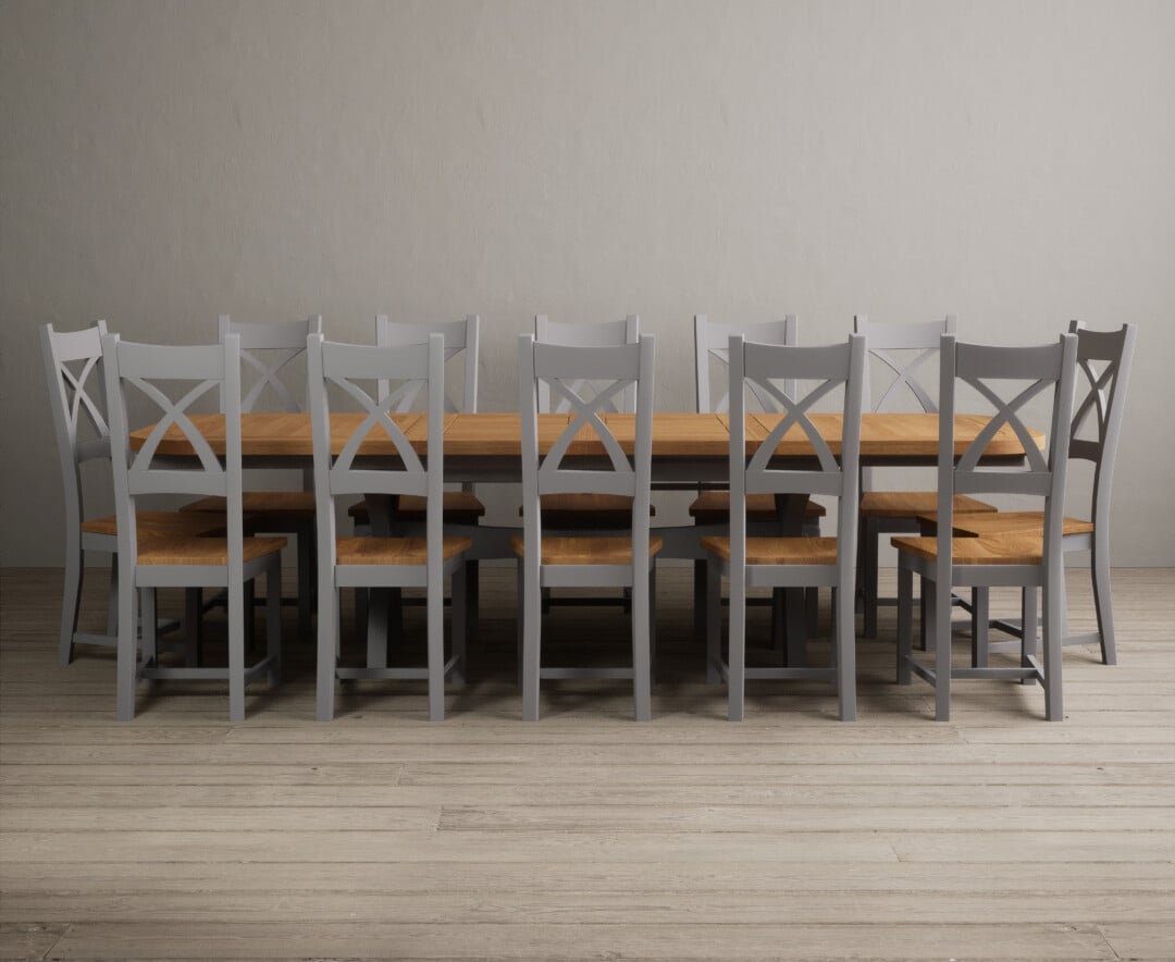 Extending Olympia 180cm Oak And Light Grey Painted Dining Table With 6 Brown Painted Chairs