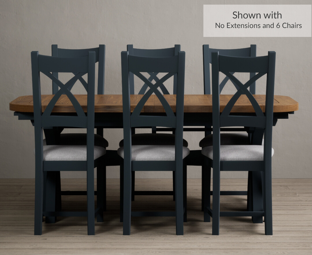 Photo 1 of Atlas 180cm oak and dark blue extending dining table with 12 blue x back chairs