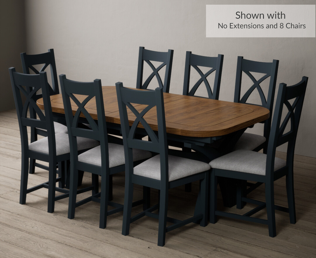 Photo 2 of Atlas 180cm oak and dark blue extending dining table with 8 linen x back chairs
