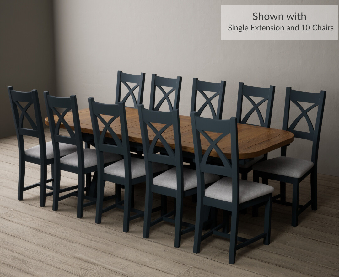 Photo 4 of Atlas 180cm oak and dark blue extending dining table with 10 linen x back chairs
