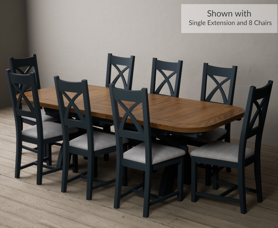 Photo 3 of Olympia 180cm oak and dark blue extending dining table with 10 linen x back chairs