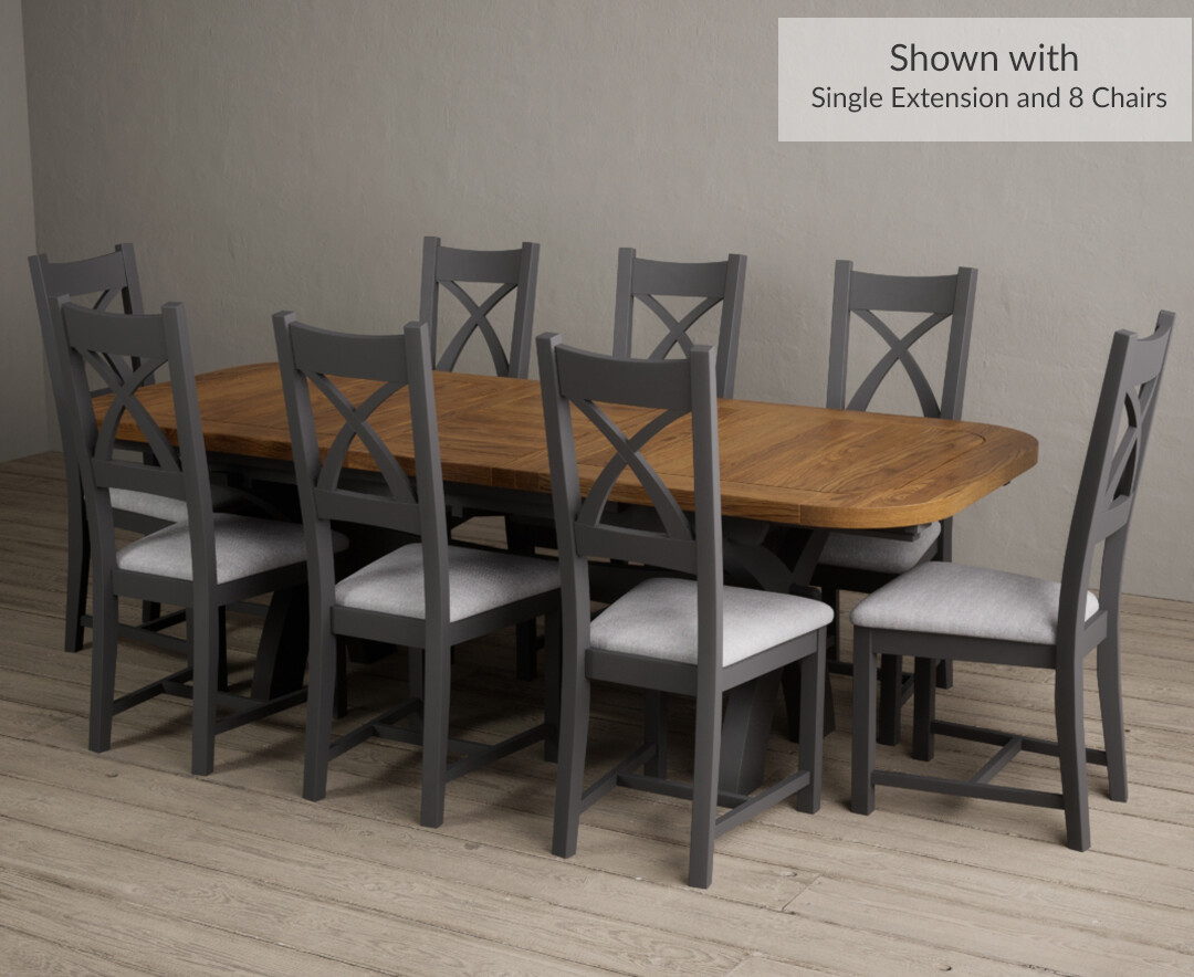 Photo 3 of Olympia 180cm oak and charcoal grey extending dining table with 12 linen x back chairs