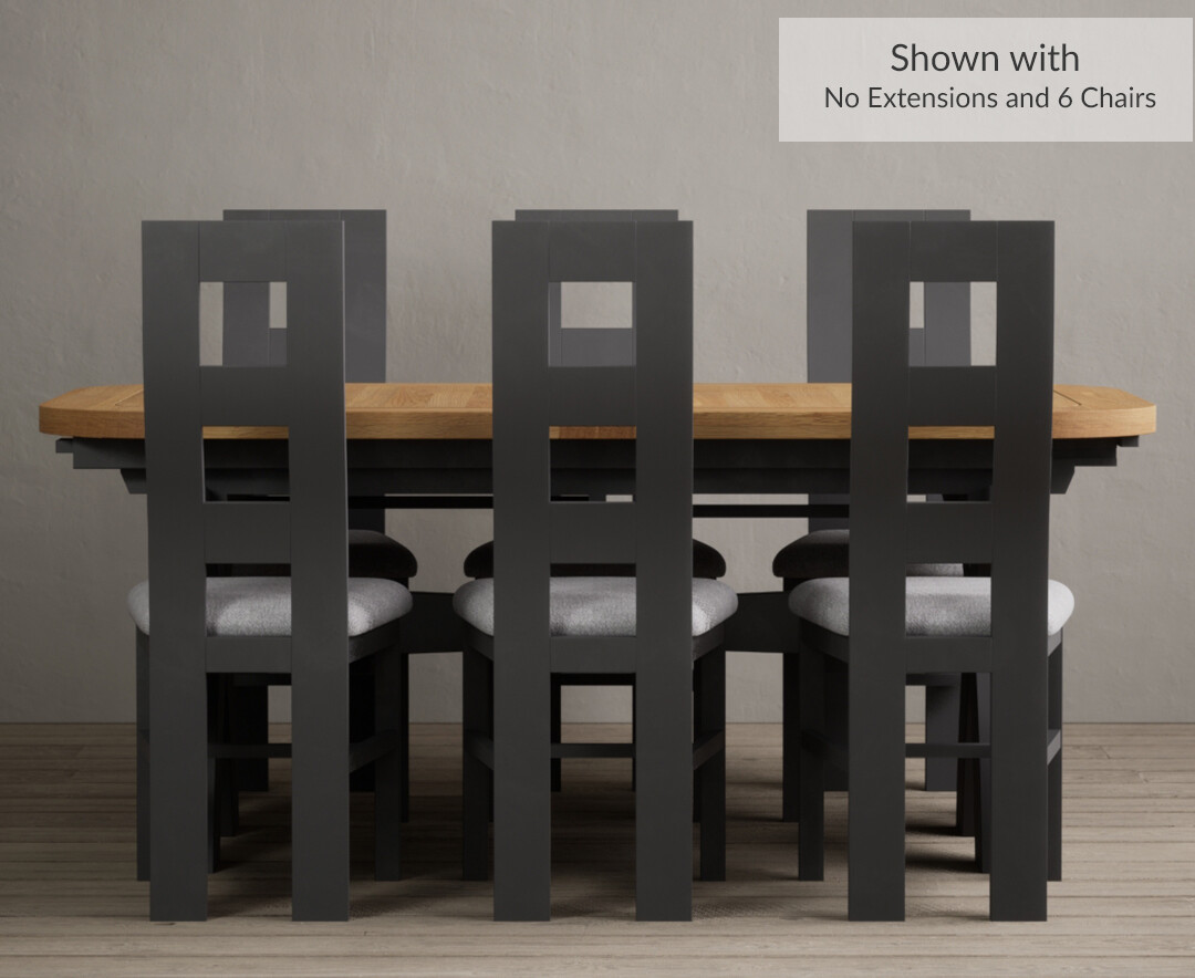 Photo 4 of Extending atlas 180cm oak and charcoal grey dining table with 6 brown flow back chairs
