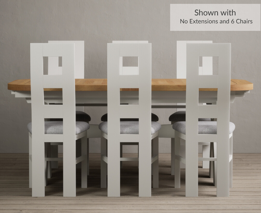 Photo 4 of Extending atlas 180cm oak and signal white dining table with 12 light grey flow back chairs