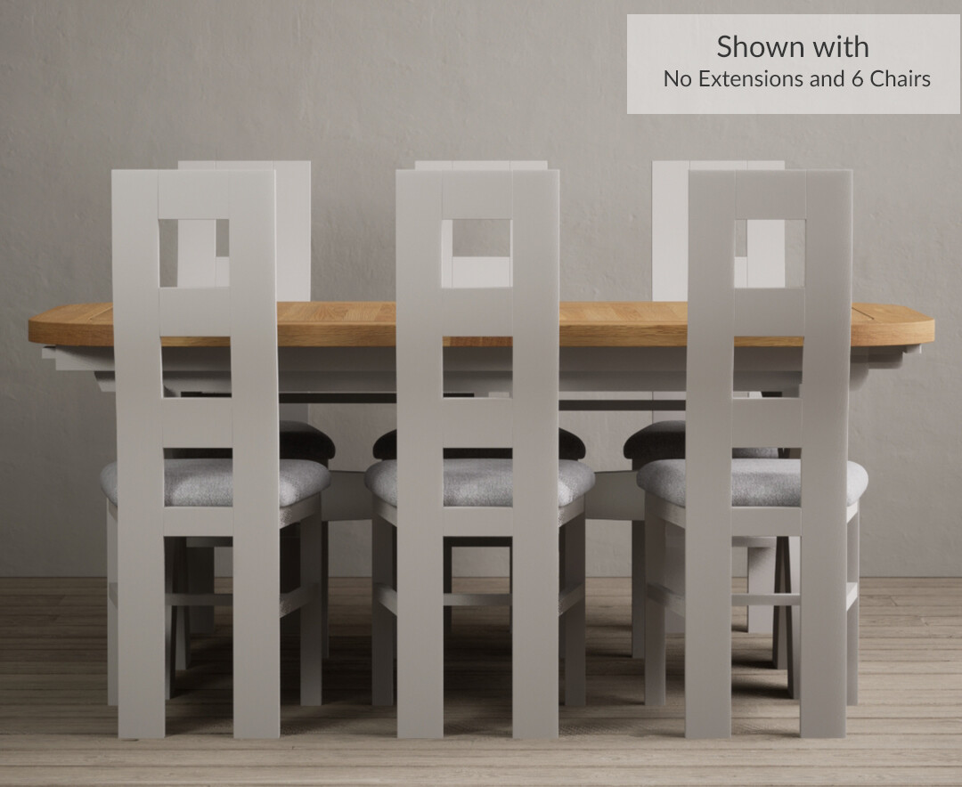 Photo 4 of Extending atlas 180cm oak and soft white dining table with 12 light grey flow back chairs
