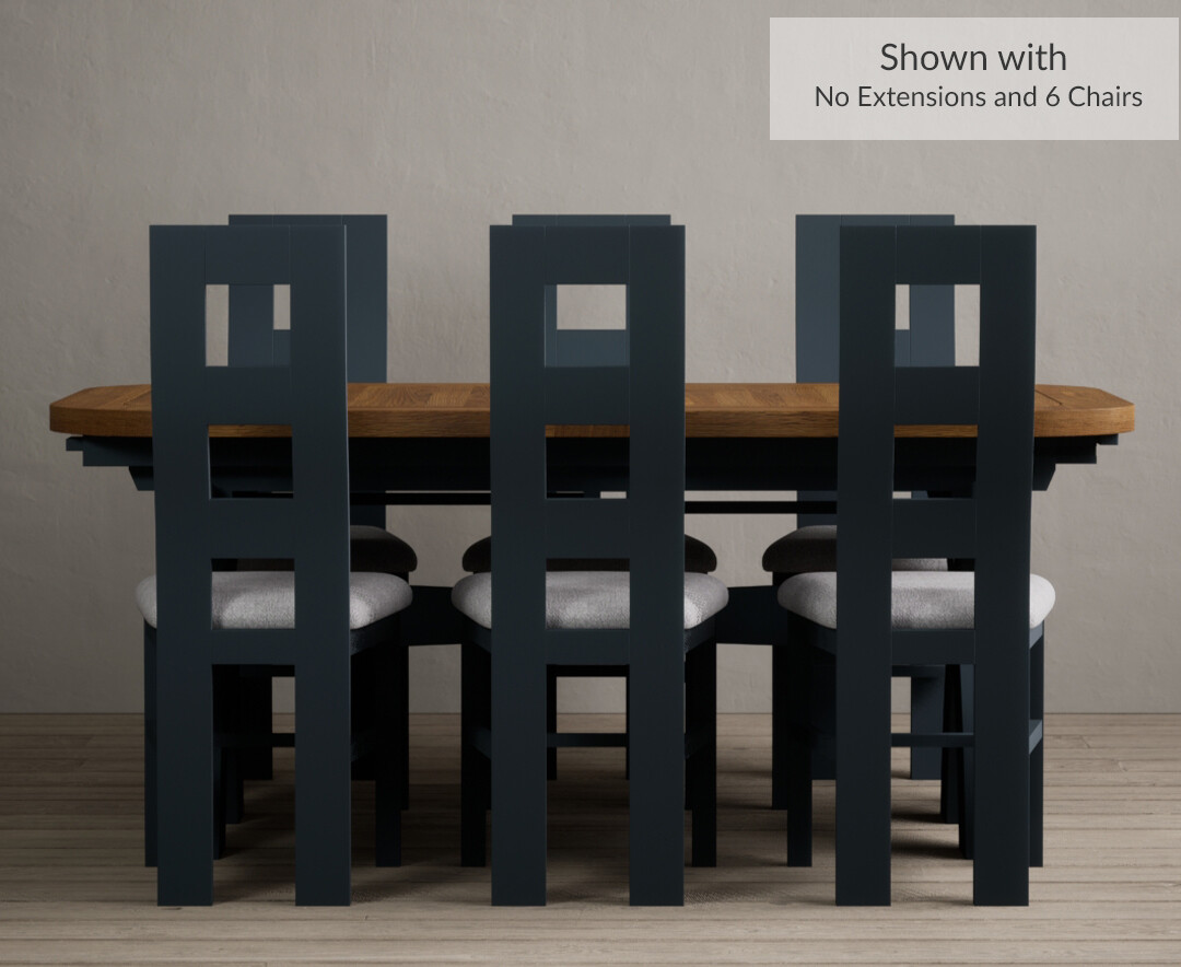 Photo 4 of Extending atlas 180cm oak and dark blue dining table with 8 rustic flow back chairs