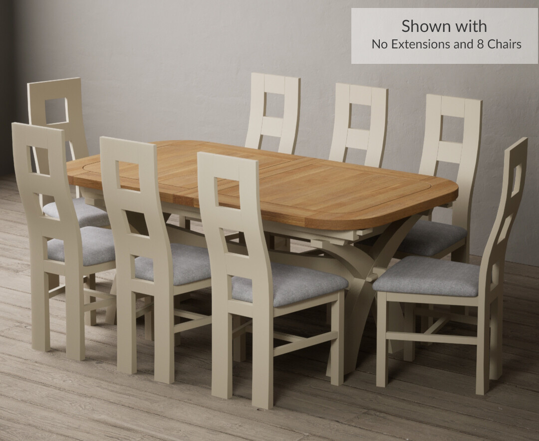 Photo 2 of Extending atlas 180cm oak and cream dining table with 12 light grey flow back chairs