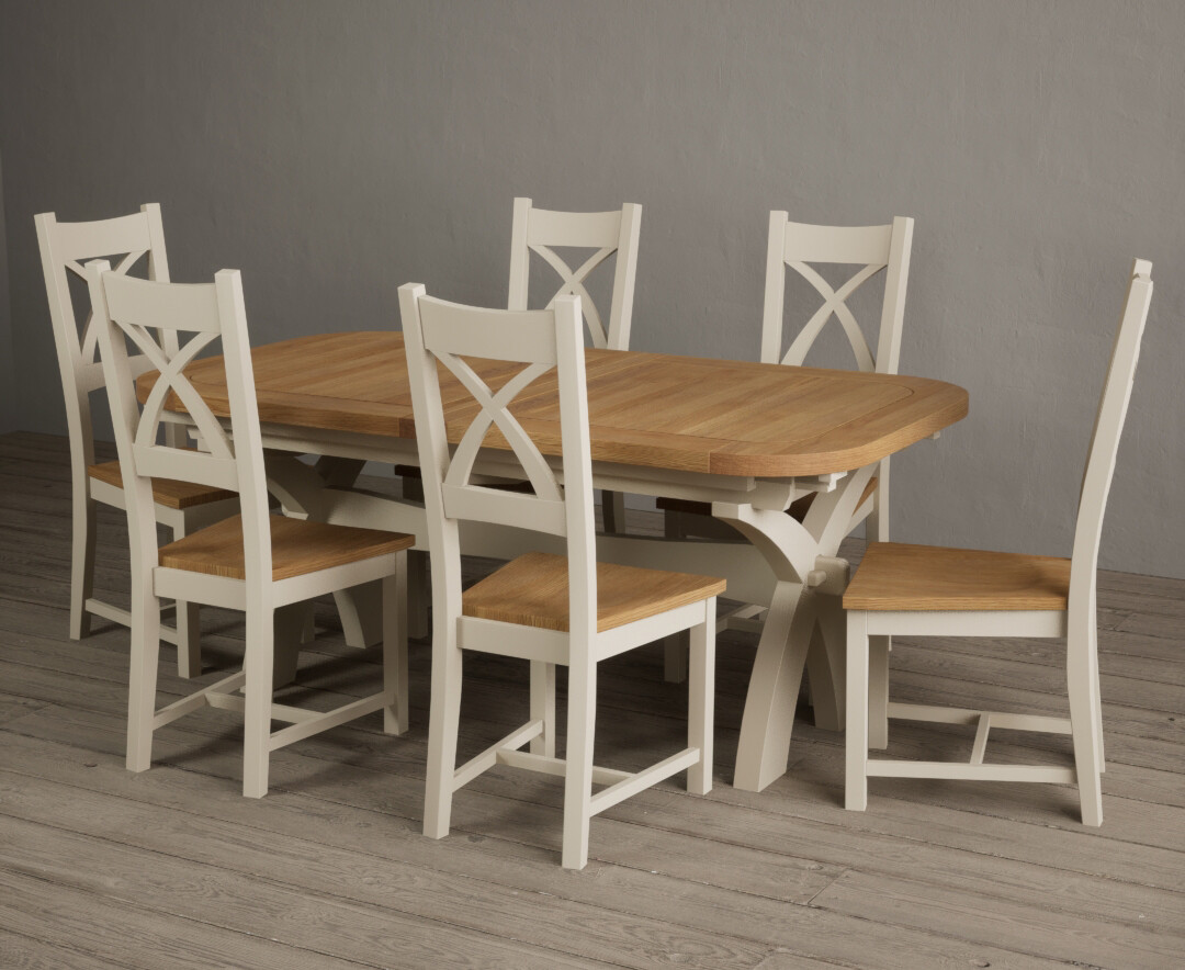 Product photograph of Extending Atlas 180cm Oak And Cream Dining Table With 12 Light Grey X Back Chairs from Oak Furniture Superstore