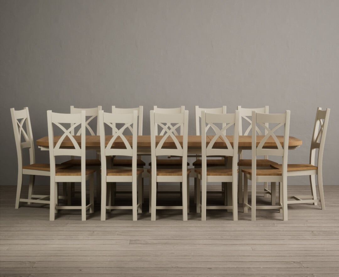 Product photograph of Extending Atlas 180cm Oak And Cream Dining Table With 10 Light Grey X Back Chairs from Oak Furniture Superstore.