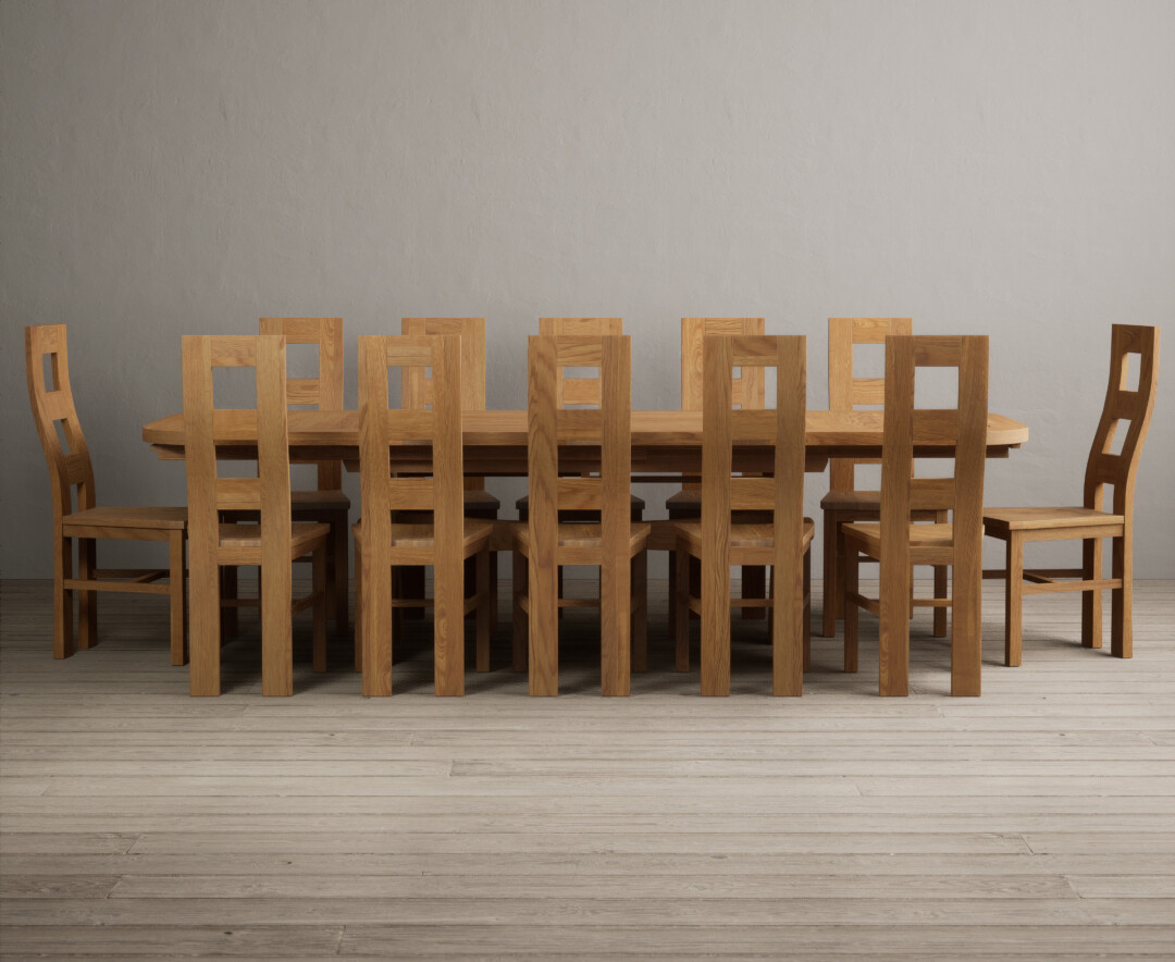 Atlas 180cm Solid Oak Extending Dining Table With 12 Oak Flow Back Chairs With Oak Seats
