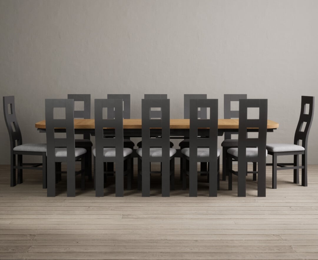 Product photograph of Extending Olympia 180cm Oak And Charcoal Grey Dining Table With 12 Linen Flow Back Chairs from Oak Furniture Superstore