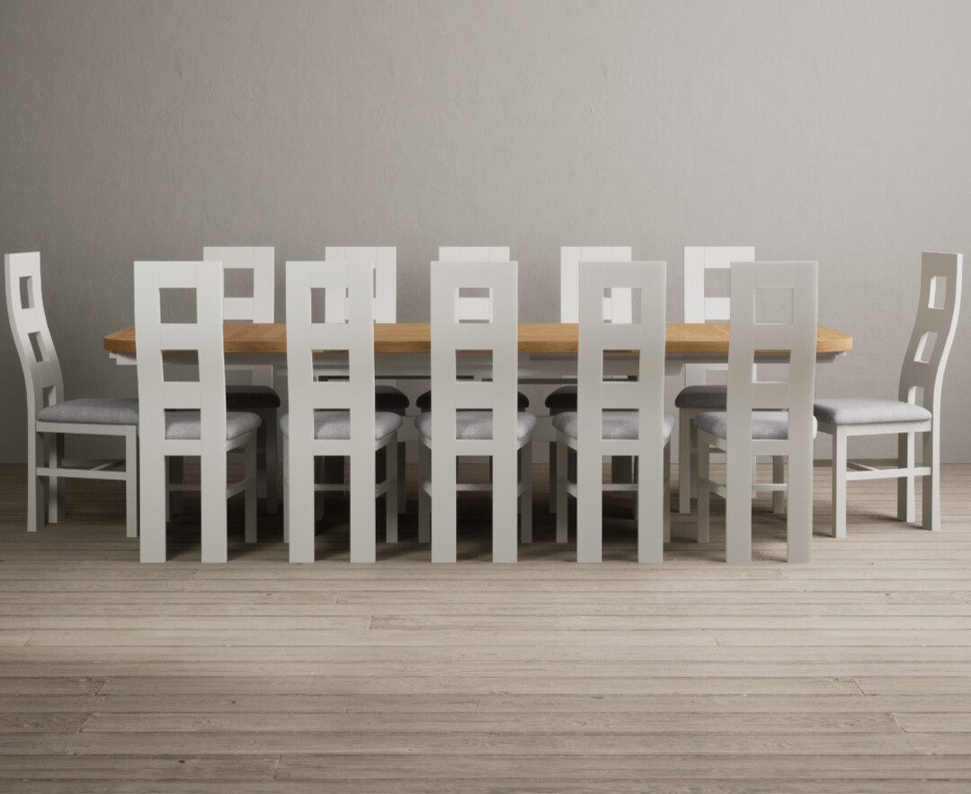 Extending Atlas 180cm Oak And Signal White Dining Table With 12 Linen Flow Back Chairs