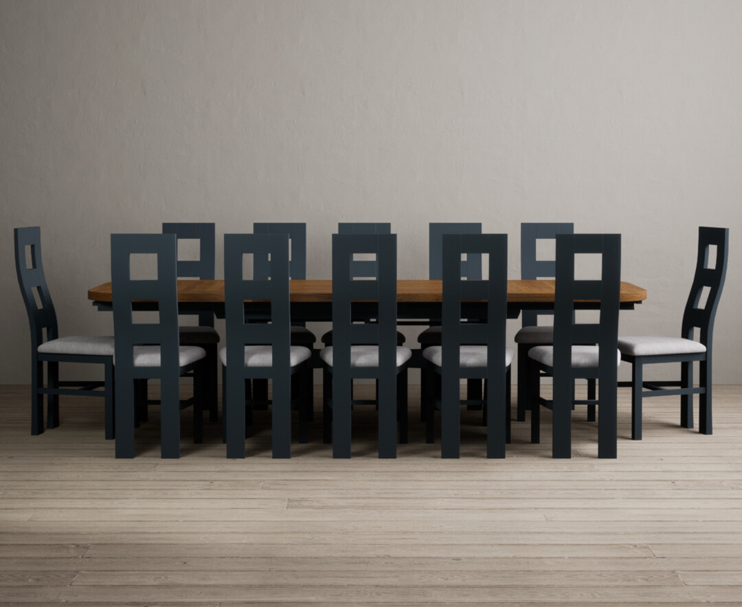 Product photograph of Extending Atlas 180cm Oak And Dark Blue Dining Table With 8 Light Grey Flow Back Chairs from Oak Furniture Superstore