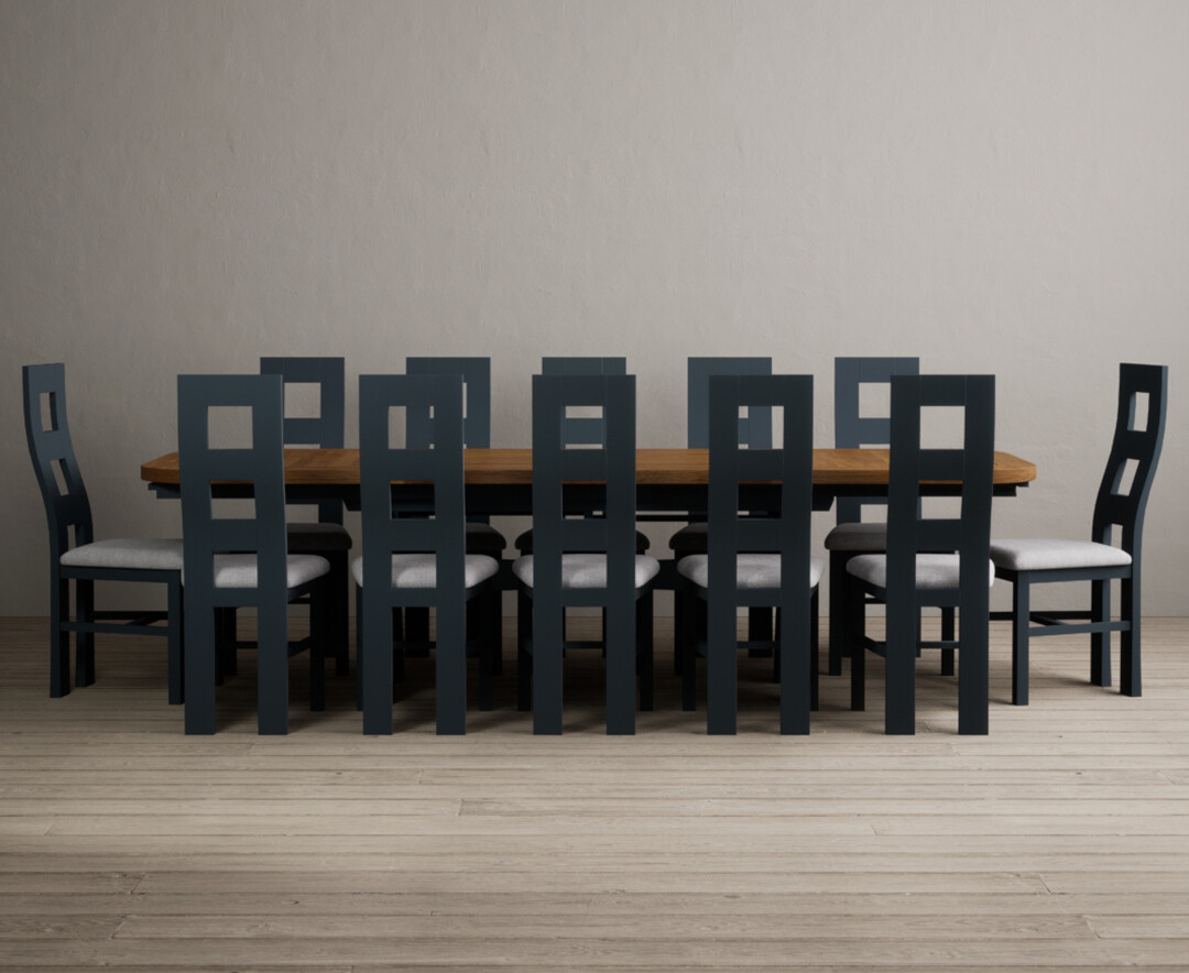 Product photograph of Extending Atlas 180cm Oak And Dark Blue Dining Table With 12 Linen Flow Back Chairs from Oak Furniture Superstore