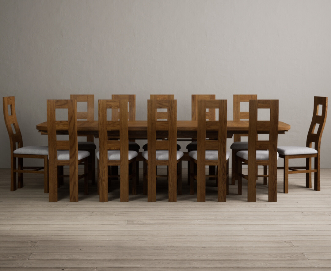 Extending Atlas 180cm Rustic Solid Oak Dining Table With 10 Blue Rustic Solid Oak Flow Back Chairs