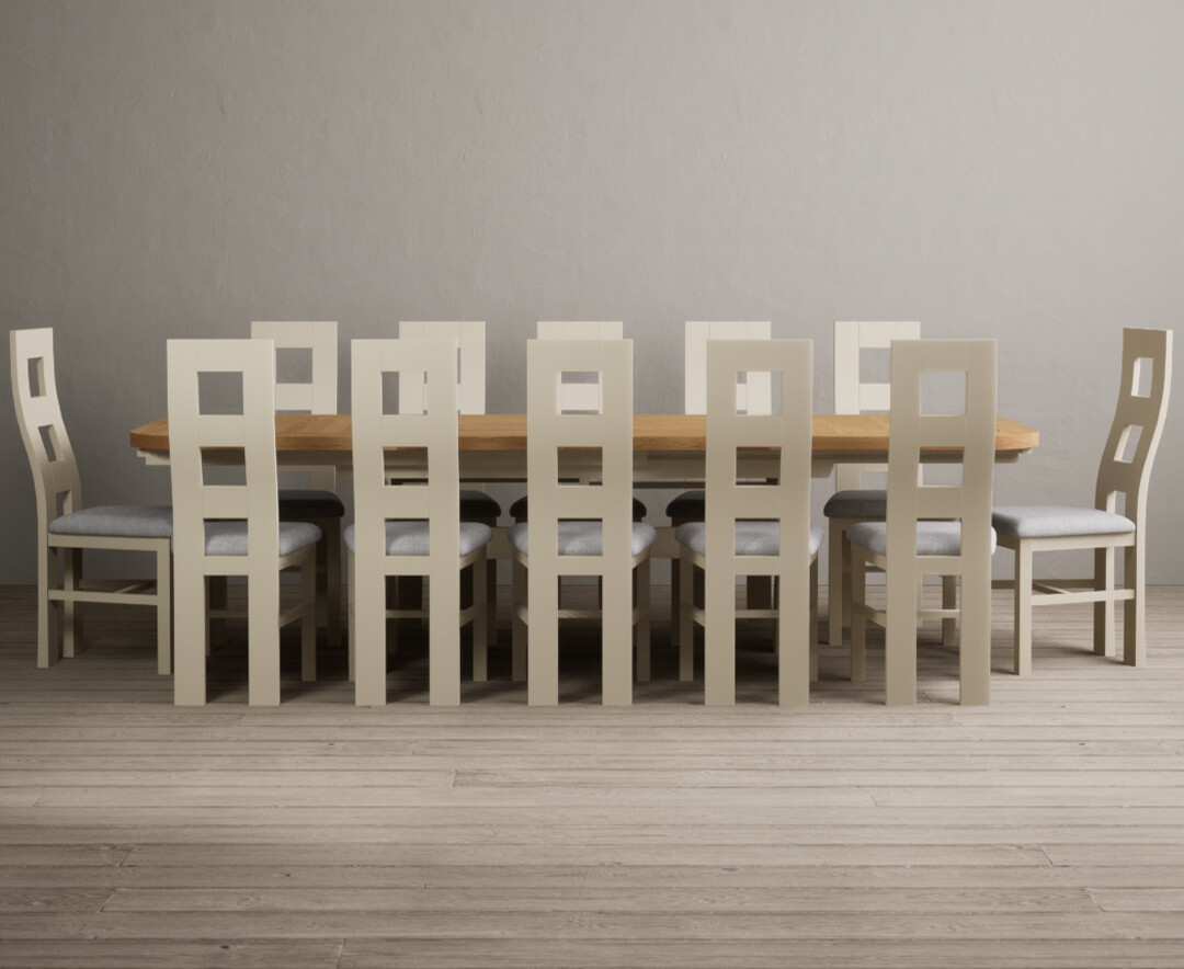 Product photograph of Extending Olympia 180cm Oak And Cream Dining Table With 8 Light Grey Flow Back Chairs from Oak Furniture Superstore