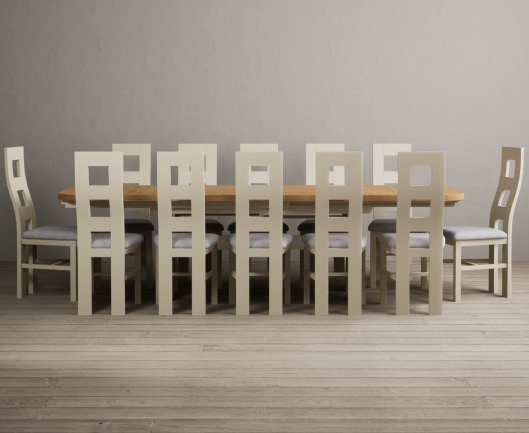 Product photograph of Extending Atlas 180cm Oak And Cream Dining Table With 8 Light Grey Flow Back Chairs from Oak Furniture Superstore