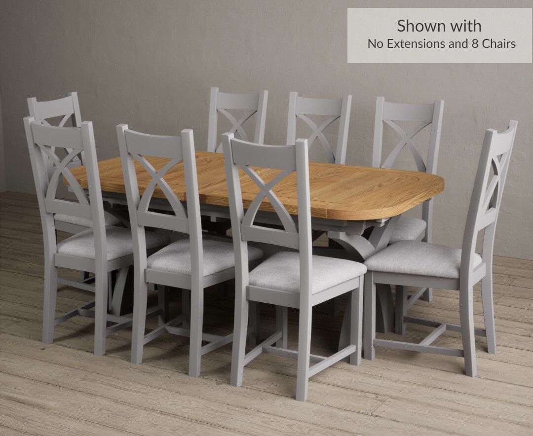 Photo 2 of Atlas 180cm oak and light grey painted extending dining table with 12 blue x back chairs