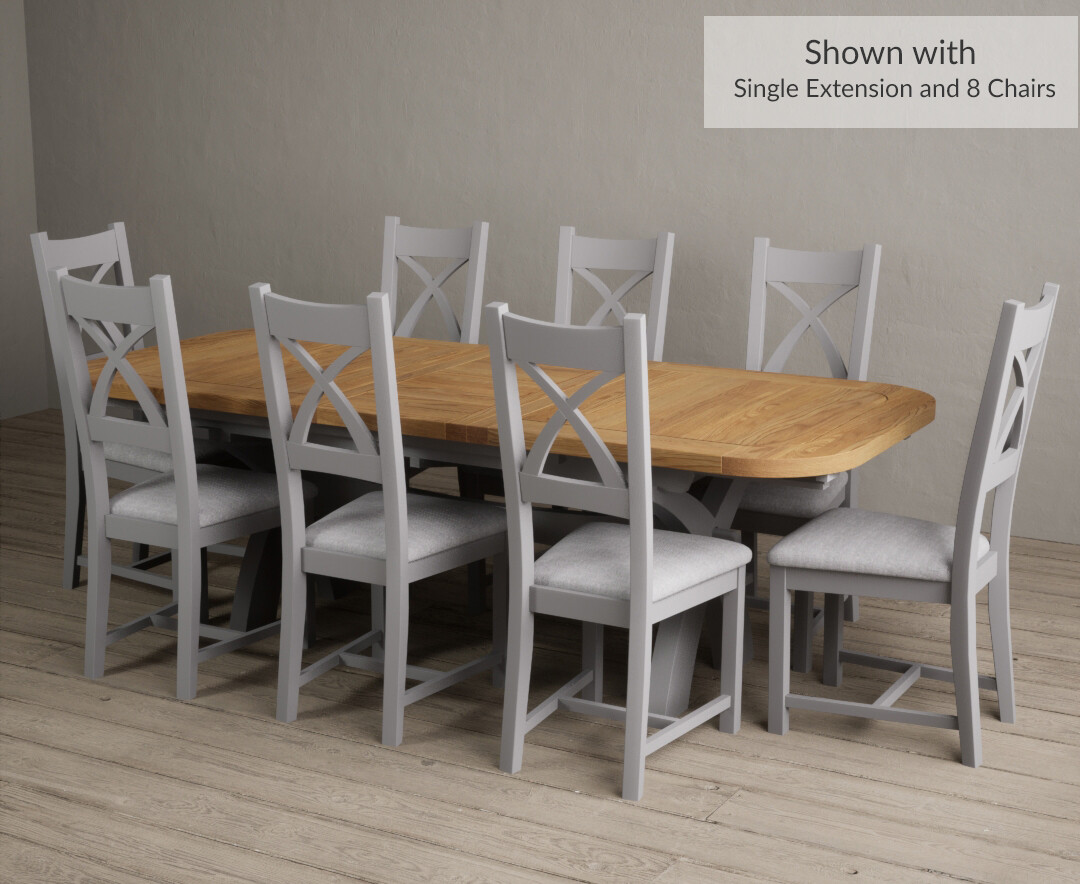 Photo 3 of Atlas 180cm oak and light grey painted extending dining table with 6 blue x back chairs