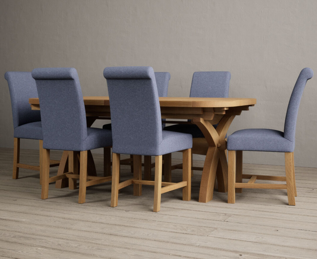 Photo 3 of Olympia 180cm solid oak extending dining table with 10 blue scroll back braced chairs