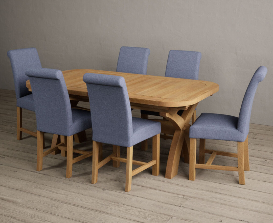 Product photograph of Extending Olympia 180cm Solid Oak Dining Table With 6 Blue Braced Leg Chairs from Oak Furniture Superstore