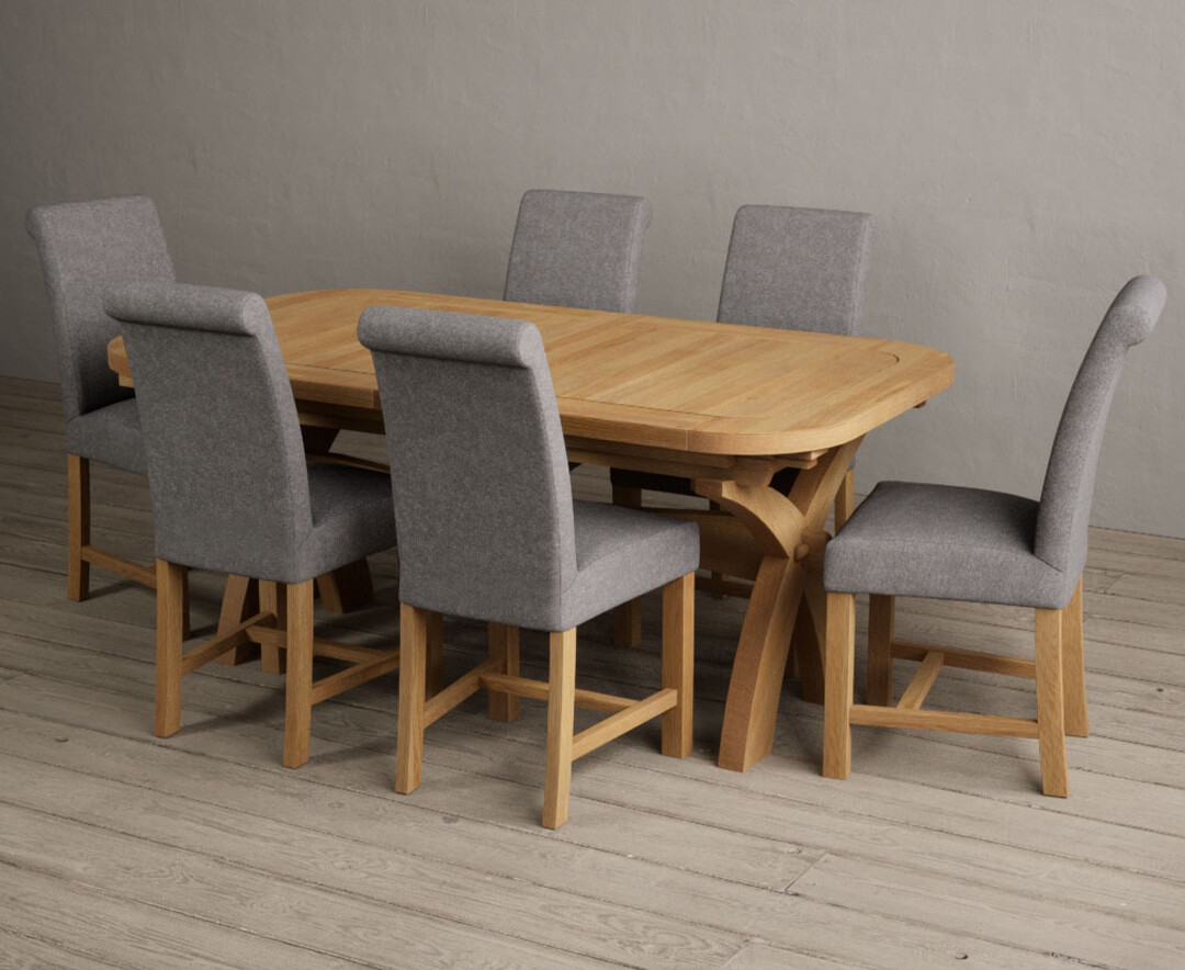 Product photograph of Atlas 180cm Solid Oak Extending Dining Table With 8 Charcoal Grey Scroll Back Braced Chairs from Oak Furniture Superstore