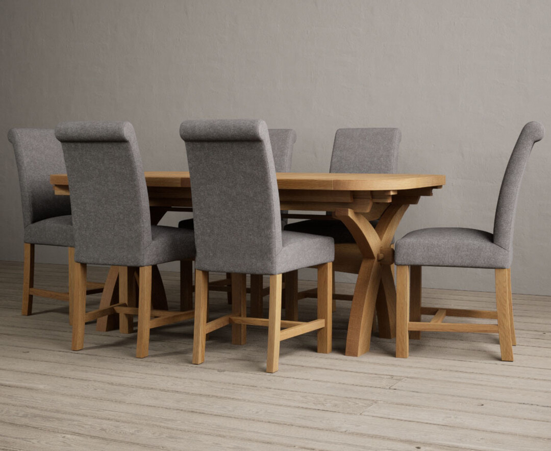Photo 2 of Olympia 180cm solid oak extending dining table with 12 brown scroll back braced chairs