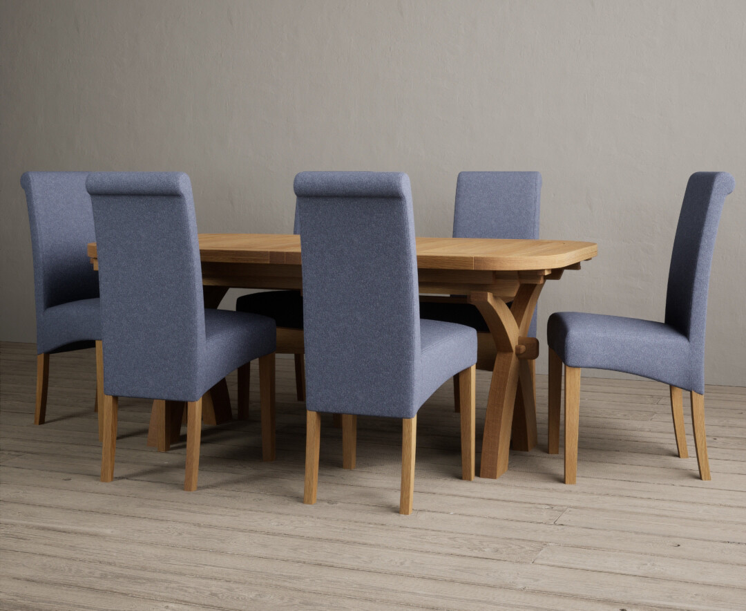 Photo 3 of Olympia 180cm solid oak extending dining table with 6 brown scroll back chairs