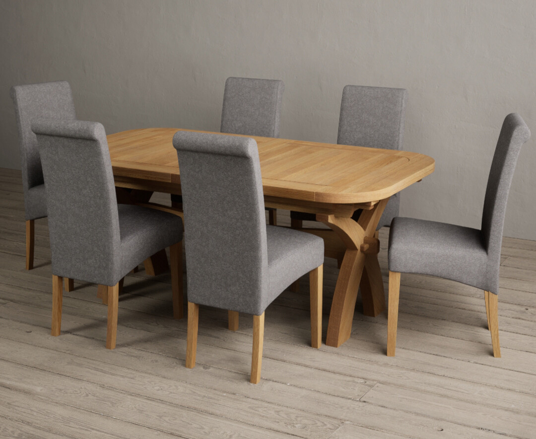 Atlas 180cm Solid Oak Extending Dining Table With 12 Grey Scroll Back Chairs