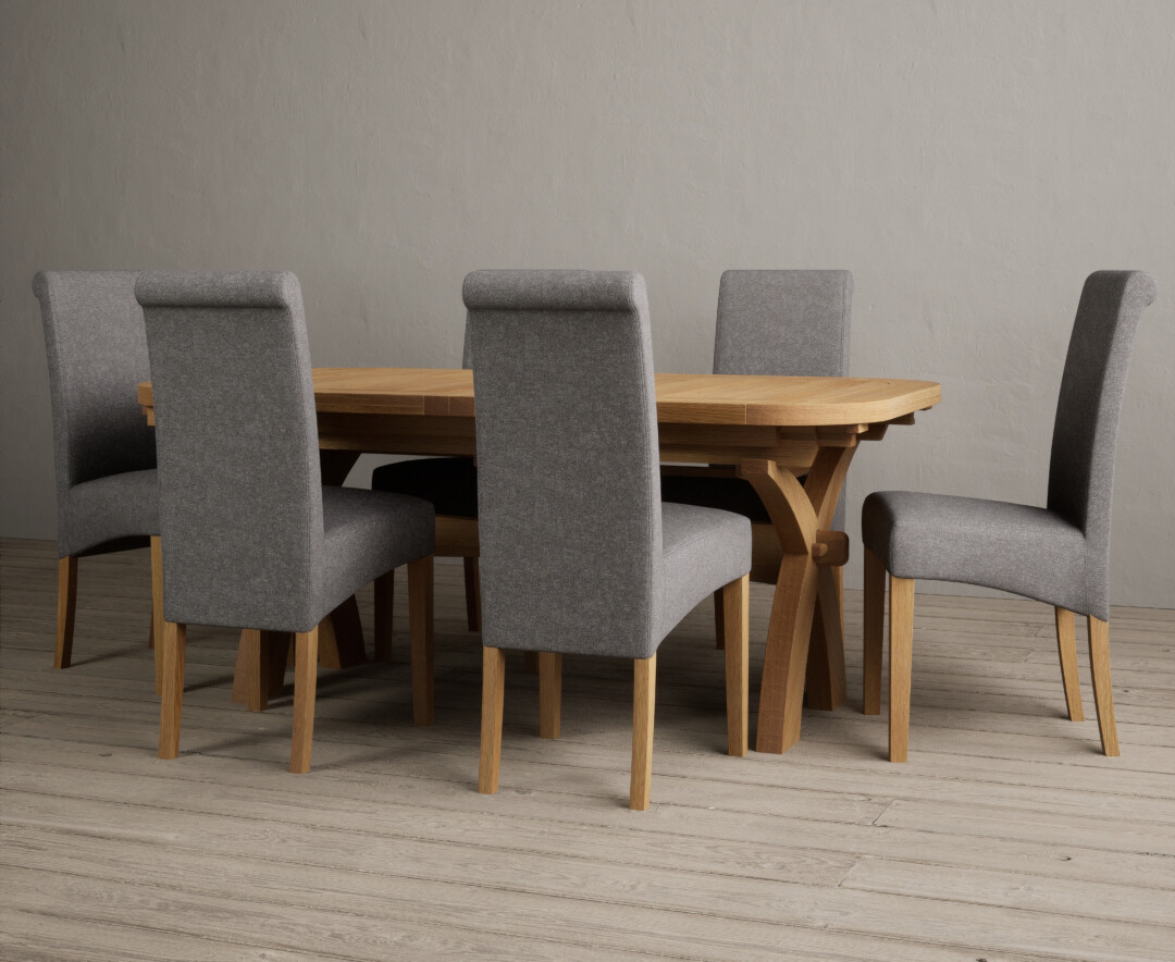 Photo 2 of Atlas 180cm solid oak extending dining table with 8 grey scroll back chairs