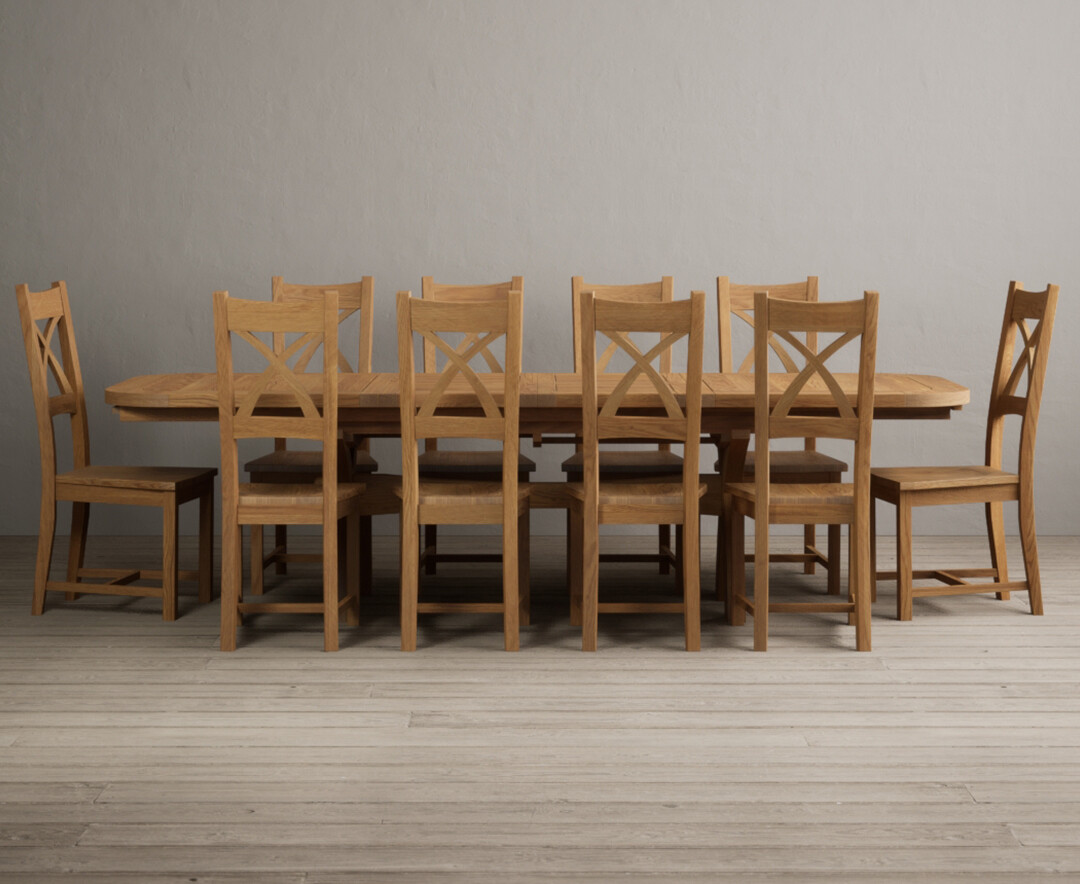 Product photograph of Olympia 180cm Solid Oak Extending Dining Table With 12 Oak X Back Chairs With Oak Seats from Oak Furniture Superstore