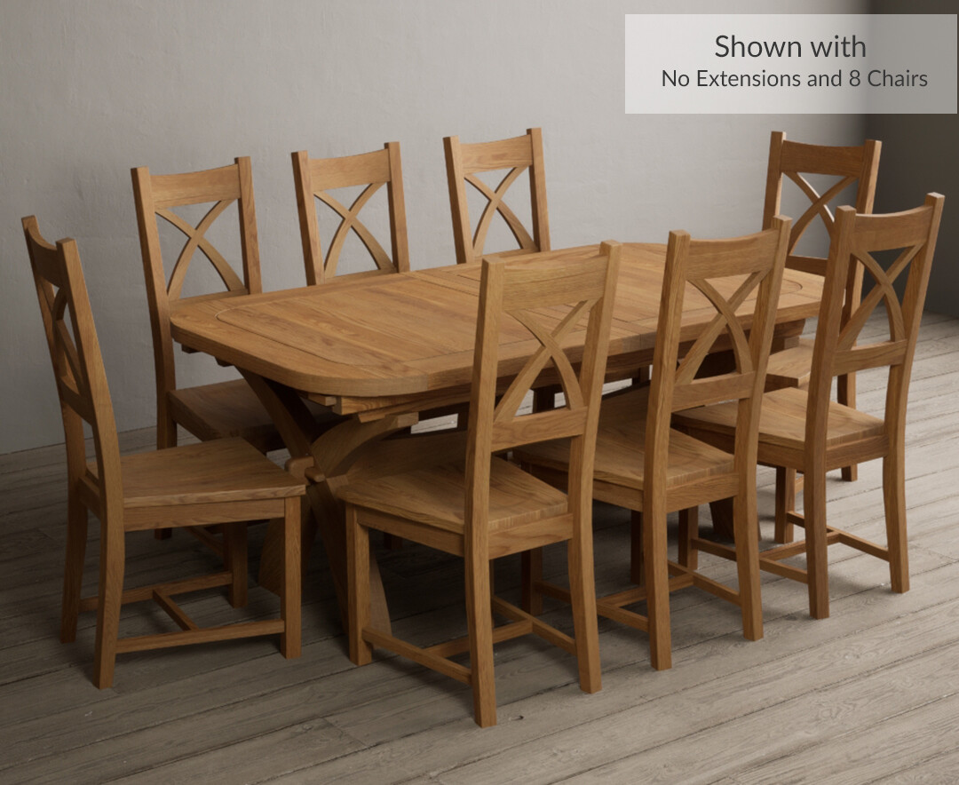 Photo 3 of Atlas 180cm solid oak extending dining table with 8 oak x back chairs with oak seats