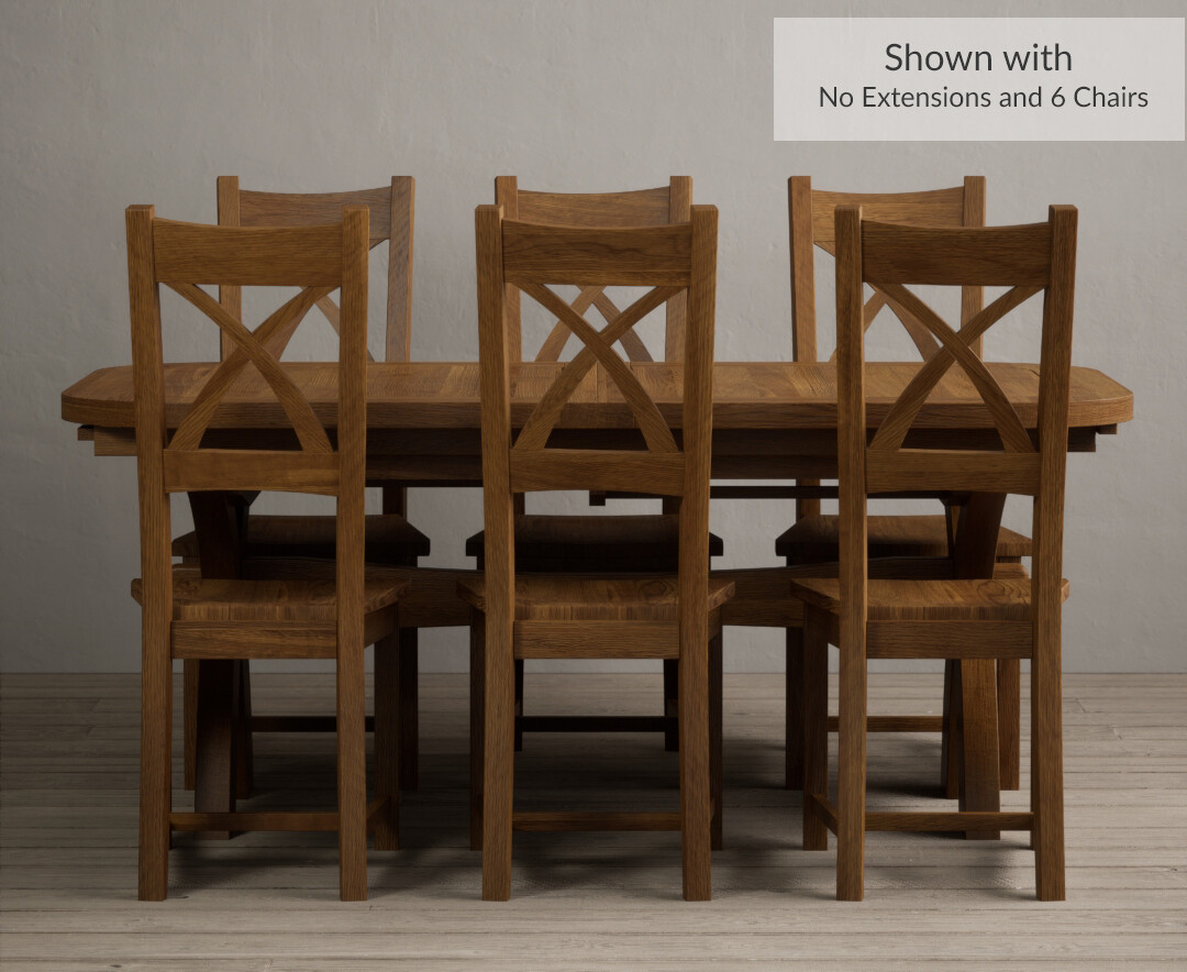 Photo 1 of Atlas 180cm rustic solid oak extending dining table with 10 rustic rustic solid oak x back chairs with rustic seats