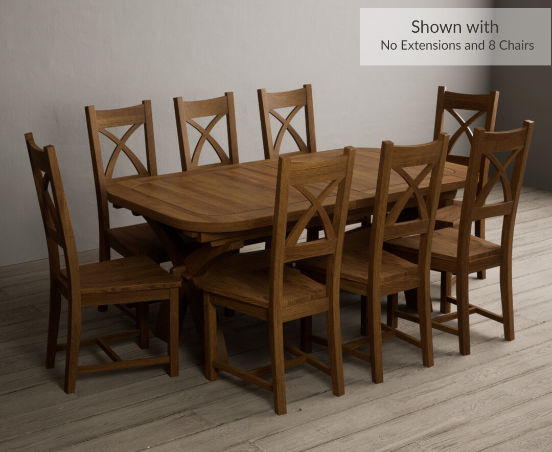 Photo 2 of Atlas 180cm rustic solid oak extending dining table with 10 rustic rustic solid oak x back chairs with rustic seats
