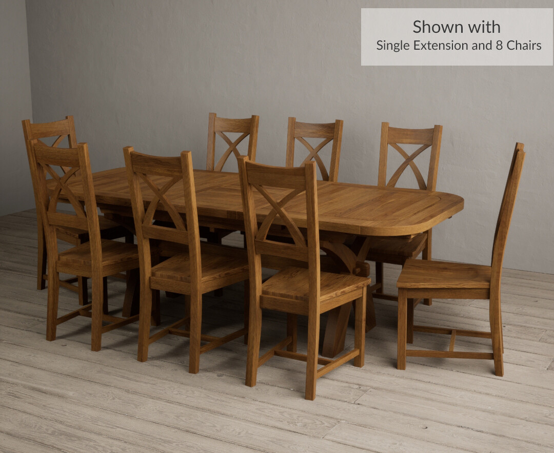 Photo 3 of Atlas 180cm rustic solid oak extending dining table with 12 rustic rustic solid oak x back chairs with rustic seats