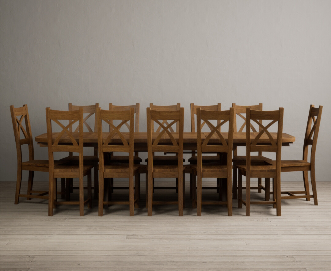 Product photograph of Olympia 180cm Rustic Solid Oak Extending Dining Table With 12 Rustic Rustic Solid Oak X Back Chairs With Rustic Seats from Oak Furniture Superstore