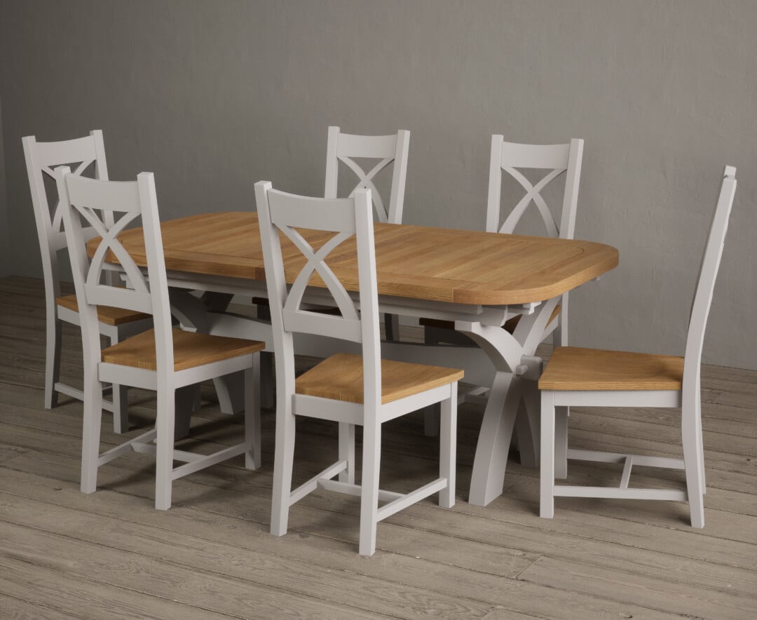 Product photograph of Extending Olympia 180cm Oak And Signal White Dining Table With 6 Light Grey X Back Chairs from Oak Furniture Superstore