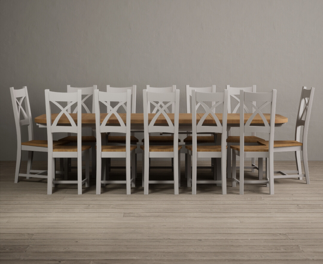 Photo 1 of Extending atlas 180cm oak and signal white dining table with 12 blue x back chairs