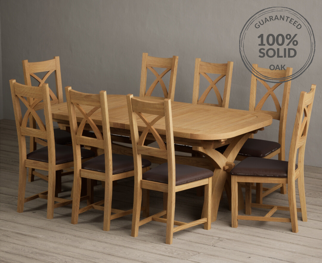 Photo 4 of Extending olympia 180cm solid oak dining table with 8 brown natural solid oak chairs
