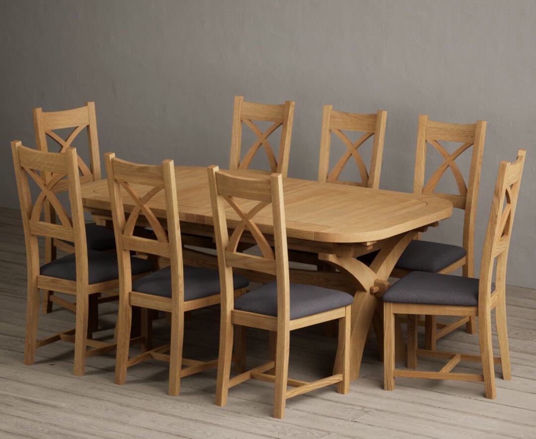 Extending Atlas 180cm Solid Oak Dining Table With 12 Blue X Back Chairs