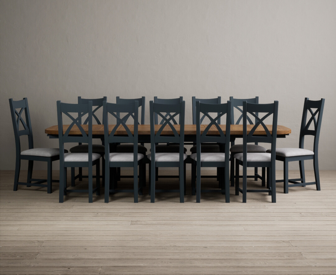 Product photograph of Atlas 180cm Oak And Dark Blue Extending Dining Table With 8 Linen X Back Chairs from Oak Furniture Superstore