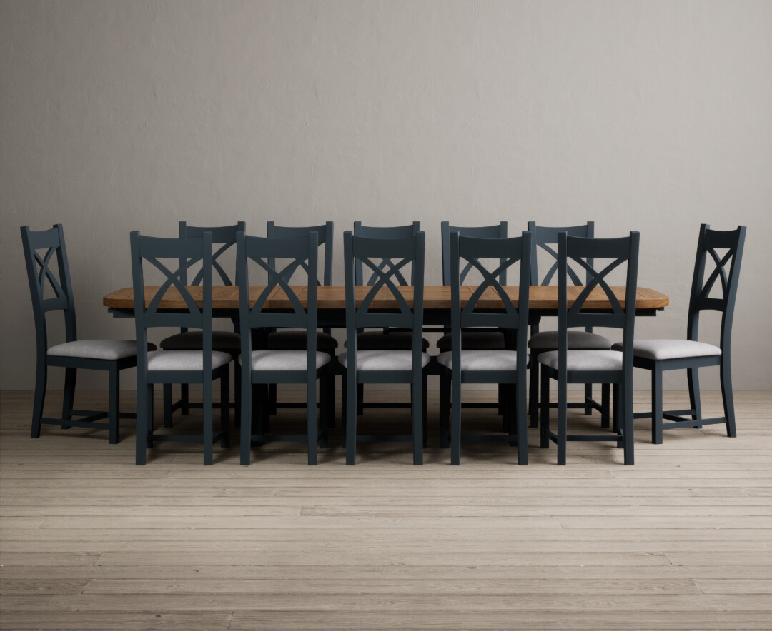 Olympia 180cm Oak and Dark Blue Extending Dining Table With 12 Charcoal Grey X Back Chairs at Oak Furniture Superstore