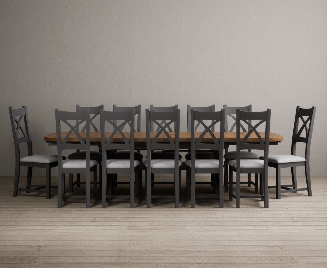 Product photograph of Atlas 180cm Oak And Charcoal Grey Extending Dining Table With 6 Brown X Back Chairs from Oak Furniture Superstore
