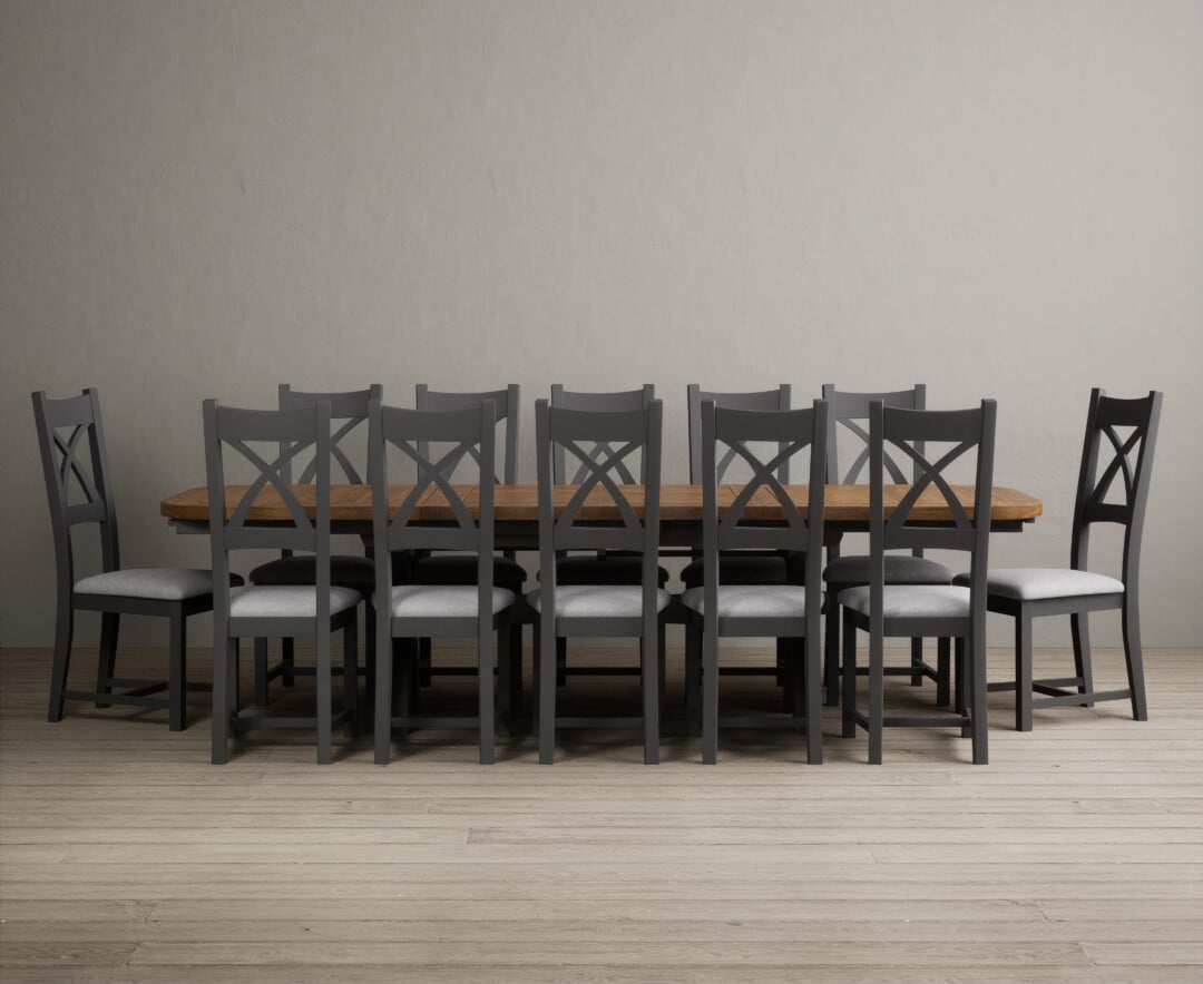 Product photograph of Atlas 180cm Oak And Charcoal Grey Extending Dining Table With 10 Linen X Back Chairs from Oak Furniture Superstore